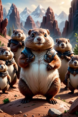 masterpiece,best quality,official art, extremely detailed CG unity 8k wallpaper,absurdres,8k resolution,exquisite facial features,,shiny skin,A group of fat  groundhogsi ,Q version,superme cute ,muscular figure,Mars background,Movie Still,BugCraft