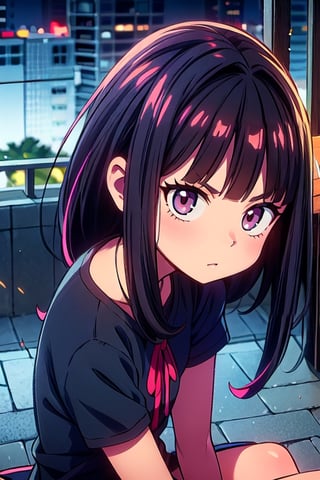 megumi_fushiguro, black hair, girly_clothing, defiant look, sitting on a dark stone, tokyo background ,looking straight, anime style draw, more detail XL, black eyes, anime_screencap,Beautiful Eyes, spiked hair,illustration,1girl, anime style, wide angle