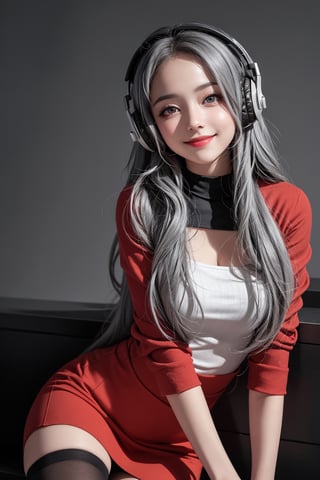 warm light room Beautiful woman with silver long hair against a grey background.over-the-ear headphones Smile,black tights top, red dress,red eyes,Girl