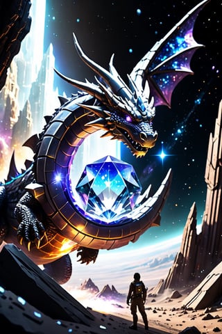 A dragon made of crystals flying in space and creating a portal ,a sci-fi spaceship in the background persuing it, epic anime style, photorealism, futuristic, Comic Book-Style