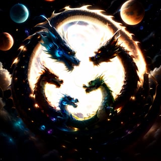  two dragons circling each other in a circular shape, space and planets in the background, yin yang, photorealistic, pixar 3d render look,Disney pixar style, a magical portal in the center of the picture appears from the magic of the dragons flying around it,dragon