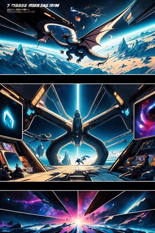 A dragon flying in space and creating a portal ,comic_book_cover, comic_book_panels, Main cover art should be of a space ship and two chinese style dragons falling into a nebula like portal, epic anime style, photorealism, Futuristic room, The title of this comic must say "CRYSTALDRAGON.SPACE PRESESNTS"