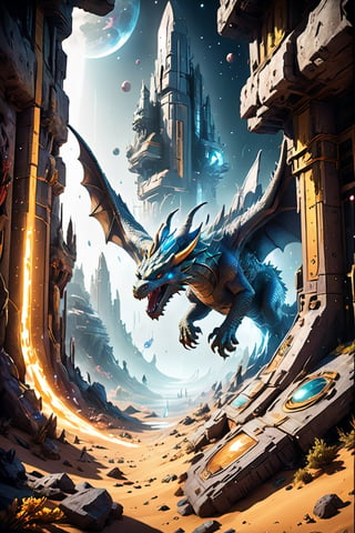 A crystal dragon flying in space and creating a portal ,comic_book_cover, Main cover art should be of a space ship and two chinese style dragons falling into a nebula like portal, epic anime style, photorealism, Futuristic room, The title of this comic must say "CRYSTALDRAGON.SPACE PRESESNTS", include the title crystaldragon.space,Comic Book-Style