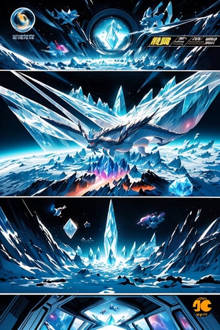 A crystal dragon flying in space and creating a portal ,comic_book_cover, Main cover art should be of a space ship and two chinese style dragons falling into a nebula like portal, epic anime style, photorealism, Futuristic room, The title of this comic must say "CRYSTALDRAGON.SPACE PRESESNTS", include the title crystaldragon.space