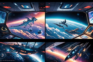 A dragon flying in space and creating a portal ,comic_book_cover, comic_book_panels, 5 panels, panel 1 has the dragon flying through a portal, panel 2 has a spaceship observing the phenomena, Pnael 3 shows the ship persuing the dragon, panel 4 shows the dragon splitting into two dragons and turning torward the spaceship, panel 5 shows people on the spaceship panicking, Main cover art should be of a space ship and two chinese style dragons falling into a nebula like portal, epic anime style, photorealism, ,Futuristic room