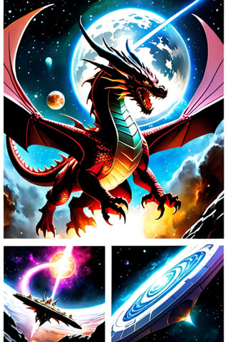 A crystal dragon flying in space and creating a portal ,comic_book_cover, Main cover art should be of a space ship and two chinese style dragons falling into a nebula like portal, epic anime style, photorealism, Futuristic room, The title of this comic must say "CRYSTALDRAGON.SPACE PRESESNTS", include the title crystaldragon.space