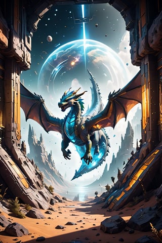 A crystal dragon flying in space and creating a portal ,a sci-fi spaceship in the background, epic anime style, photorealism, futuristic, Comic Book-Style