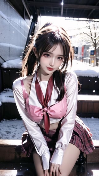 (Best quality, 8k, 32k, Masterpiece, UHD:1.2),Photo of Pretty  woman, stunning, 1girl, (medium dark brown ponytail), double eyelid, natural medium-large breasts, slender legs, tall body, soft curves, skin pores, white coat, knit dress shirt, checkered skirt, red scarf, snow heeled boot, sitting on stairs on shrine, snowy shrine, heavy snow on shrine, fashion model posing, unforgettable beauty, look at viewer, sexy smile, closed to up, lifelike rendering, detailed facial features, detailed real skin texture, detailed details,ffff,qiaoxinhuang 2.0,shiny black pantyhose,mana_chos,belly_dancer,ritsu______co,nnngm,minig,Roll eyes