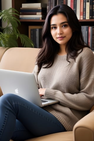 look like ((tisca chopra:  Mandy Takhar :0.2)),age 25,(((dont change face))),A girl  wearing a sweater and jeans, lying on a couch with a laptop and a cat, surrounded by books and plants, in the style of a cozy illustration, ,photorealistic:1.3, best quality, masterpiece, coffee kept alongside on her right