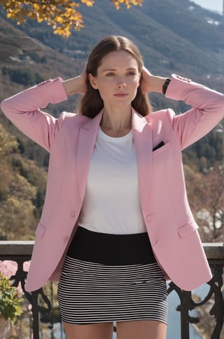 Prompt: Masterpiece, Pink business jacket and black skirt, day time, terrace background, calm and frosty, detailed body, detailed face, brown hair, gorgeous, ultra realistic, charming, cute, long braided hair, ambient lighting, bright sunny day, detailed background, volumetric lighting, shadow, 8k, armpits, smiling, Indian girl, 24 years old, hands behind her head, 