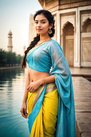 Beautiful young indian woman 24 years, wearing a pale blue saree deatiled taj mahal behind her, very beautiful, traditional, hindu aesthetic, detailed face, detailed body, oily skin, symmetric face, cute,, smily face, soft body, sweaty clothes, long braid hair, masterpiece, ultra realistic, detailed background, high resolution, god rays, Ray tracing, ambient lighting, ambient occlusion, depth of field, post-processing, 8K, real life, beautiful face, the view of the temple and river ganges is epic, realistic, real life, looking_at_viewer, wearing earings, wearing bangles, real_life, realistic, real life, fairy tone, complexion fair, Standing in water, detaled_background