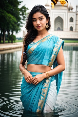 Beautiful young indian woman 24 years, wearing a pale blue saree deatiled taj mahal behind her fully visible in the photo, very beautiful, traditional, hindu aesthetic, detailed face, detailed body, oily skin, symmetric face, cute,, smily face, soft body, sweaty clothes, long braid hair, masterpiece, ultra realistic, detailed background, high resolution, god rays, Ray tracing, ambient lighting, ambient occlusion, depth of field, post-processing, 8K, real life, beautiful face, the view of the temple and river ganges is epic, realistic, real life, looking_at_viewer, wearing earings, wearing bangles, real_life, realistic, real life, fairy tone, complexion fair, Standing in water, detaled_background