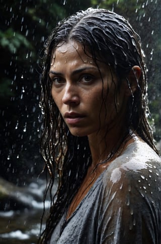 Close-up photograph of a pakistani woman, standing under the gentle flow of water cascading over a rock, her body glistening with droplets. Her long, wavy, wet hair clings to her shoulders, framing her beautiful, alluring face. With an inviting look in her dark, expressive eyes, she seems lost in the moment, surrounded by the serene beauty of the natural world. This masterpiece, captured in Ultra High Definition, showcases the woman's natural charm and elegance in stunning detail, under the soft, natural light filtering through the crystal-clear water. fair_tone, fairy tone