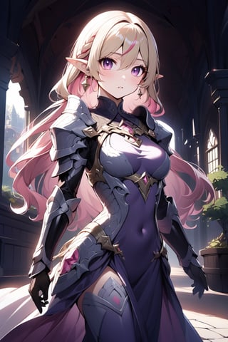 1girl, solo, long hair, breasts, looking at viewer, blush, bangs, blonde and pink hair, medium breasts, gloves, long sleeves, dress, hair between eyes, jewelry, very long hair, standing, purple eyes, multicolored hair, cowboy shot, earrings, parted lips, pointy ears, black gloves, indoors, armor, black dress, covered navel, elf, shoulder armor, pauldrons, pink eyes, A young girl in dragon armor, Genshin Impact, Ancient Medieval, armor of god, multicolored hair

