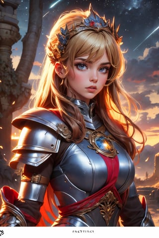 European style, fantasy, solo, cute girl, wearing dragon armor, blond long hair, faithing,, ruins, upper body, masterpiece, best quality, ultra detailed, extremely delicate and beautiful, textile shading, caustics, sharp focus,dragon armor,more detail XL, outdoors, sky, cloud, tree, night, watermark, moon, star \(sky\), night sky, scenery, starry sky, planet, ruins, A lot of depth, Bokeh, A young girl in dragon armor
