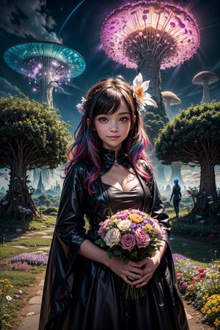 A curious girl with a bouquet of vibrant flowers stands at the edge of a fantastical landscape, surrounded by towering mushrooms and twisted trees. In the background, a glowing alien cityscape stretches towards the sky, bathed in an ethereal multicolored light that casts an otherworldly glow on the scene. The girl's bright smile and outstretched arms seem to welcome the extraterrestrial visitors, as if showcasing her own little patch of wonder amidst this surreal science fiction world. Her bouquet of flowers adds a pop of color to the dreamlike atmosphere, while the cityscape in the distance creates a sense of depth and mystery.