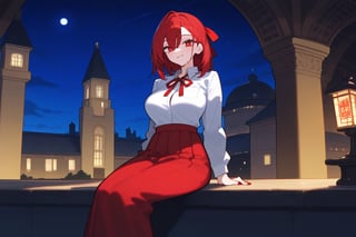 1girl,, Mosque,  mon night  sitting,  red ribbon, big red skirt,
