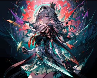 A highly detailed digital illustration. An anime-style girl. Long, white hair. Glowing, purple eyes. Intricate, black hairpiece. Thorn-like crown. Delicate face.

Detailed, ornate outfit. Flowing, white and pink kimono. Floral patterns. Black gloves. Elegant sleeves. Ribbon accents.

Large, ethereal wings. Iridescent feathers. Black and purple hues. Shimmering light effects. Mystical aura. Magical glow.

The girl is holding a long, ornate samurai sword. Glowing purple blade. Detailed hilt. Intricate design. Engraved patterns. Radiant energy. Glowing blade.

Abstract background. Light and shadow contrasts. Futuristic elements. Dreamlike atmosphere. Surreal environment. Fantasy setting.

Overall composition. Detailed textures. Vibrant colors. Surreal and mystical theme. Fantasy anime art.