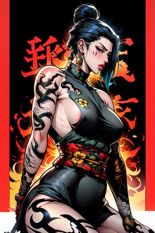 1girl, solo, breasts, looking at viewer, blue eyes, black hair, hair ornament, holding, bare shoulders, jewelry, medium breasts, sitting, weapon, earrings, japanese clothes, sword, kimono, off shoulder, hair bun, holding weapon, from side, lips, fingernails, tattoo, wariza, bandages, single hair bun, katana, sheath, sarashi, sheathed, hair stick, arm tattoo, scabbard, black kimono, shoulder tattoo