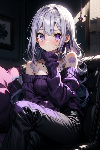 A digital illustration. An anime-style girl. Long, flowing white hair. Striking purple eyes. Hair strands. Delicate face. Shy expression. Small blush. Cheeks. Bashful demeanor.

Modern couch. Plush, pink cushions. Light purple oversized sweater. Soft fabric. Cozy appearance. Loosely fitted sleeves. Hands partially covered. Black tank top. Sweater neckline.

Black, glossy pants. Sleek element. Comfortable outfit. Several necklaces. Heart-shaped pendants. Blue hoop earrings. Elegant touch.

Modern interior setting. Light and dark tones. Geometric shapes. Screens. High-tech environment. Warm ambiance. Soft lighting. Cozy atmosphere.

Relaxed pose. Bent leg. Resting leg. Slight side turn. Hair strand. Contemplative nature. Texture detail. Clothing. Intricate jewelry. Visually captivating image. Emotionally engaging art.,niji,Anitoon2,strapless,tattoo,sketch