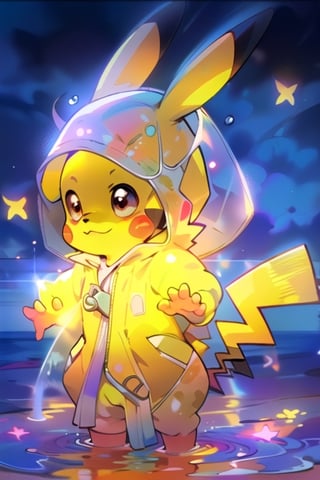 Pikachu, the beloved electric-type Pokémon, stands poised and charming on a tranquil twilight beach. Its vibrant yellow fur contrasts beautifully with the deep blues and purples of the twilight sky, and its iconic features—long ears with black tips, bright round cheeks, and a zigzag tail—are silhouetted against the serene backdrop. Pikachu is adorned in a mystical translucent yellow raincoat, sparkling as though touched by remnants of a summer shower. The coat, featuring its own ear cutouts to accommodate Pikachu's distinct profile, is secured with a white zipper and graced with a dark yellow patch embellishing Pikachu's silhouette.
The setting around Pikachu adds to the image's magical allure. The sky, scattered with emerging stars, fades from the warmth of the last daylight into the embrace of night. Below, the calm sea mirrors the sky's majestic palette, disturbed only by the gentle lapping of waves that caress Pikachu's feet. The wet sand beneath reflects both the soft glow of Pikachu and the ambient light from above, creating a dance of shimmering reflections that envelop the scene in a cocoon of wonder and tranquility. This composition captures a moment where nature's beauty converges with the charm of an icon, crafting a narrative of peacefulness and enchantment.