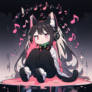 solo, simple background, white background, sitting, full body, no humans, headphones, animal, cat, musical note, jitome, black cat, animal focus