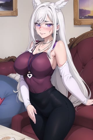 A digital illustration. An anime-style girl. Long, flowing white hair. Striking purple eyes. Hair strands. Delicate face. Shy expression. Small blush. Cheeks. Bashful demeanor.

Modern couch. Plush, pink cushions. Light purple oversized sweater. Soft fabric. Cozy appearance. Loosely fitted sleeves. Hands partially covered. Black tank top. Sweater neckline.

Black, glossy pants. Sleek element. Comfortable outfit. Several necklaces. Heart-shaped pendants. Blue hoop earrings. Elegant touch.

Modern interior setting. Light and dark tones. Geometric shapes. Screens. High-tech environment. Warm ambiance. Soft lighting. Cozy atmosphere.

Relaxed pose. Bent leg. Resting leg. Slight side turn. Hair strand. Contemplative nature. Texture detail. Clothing. Intricate jewelry. Visually captivating image. Emotionally engaging art.,niji,Anitoon2,strapless,tattoo,sketch,mature female,babydoll