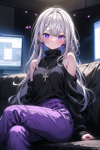 A digital illustration. An anime-style girl. Long, flowing white hair. Striking purple eyes. Hair strands. Delicate face. Shy expression. Small blush. Cheeks. Bashful demeanor.

Modern couch. Plush, pink cushions. Light purple oversized sweater. Soft fabric. Cozy appearance. Loosely fitted sleeves. Hands partially covered. Black tank top. Sweater neckline.

Black, glossy pants. Sleek element. Comfortable outfit. Several necklaces. Heart-shaped pendants. Blue hoop earrings. Elegant touch.

Modern interior setting. Light and dark tones. Geometric shapes. Screens. High-tech environment. Warm ambiance. Soft lighting. Cozy atmosphere.

Relaxed pose. Bent leg. Resting leg. Slight side turn. Hair strand. Contemplative nature. Texture detail. Clothing. Intricate jewelry. Visually captivating image. Emotionally engaging art.,niji,Anitoon2