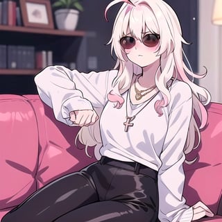 1girl, solo, long hair, blush, bangs, blonde hair, long sleeves, brown eyes, jewelry, sitting, closed mouth, ahoge, pink hair, pants, necklace, sweater, sleeves past wrists, black pants, sunglasses, couch, white sweater,mature female