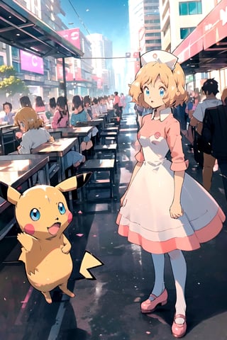 serenajoy, nurse outfit, pink and white dress, short hair, honey blonde hair, white stockings, pink shoes, cute, blue eyes, ocean bar, piers, skyscraper, pikachu,Very crowded city,perfect