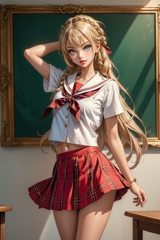 A captivating image of a strikingly beautiful woman, portrayed as a schoolgirl. ((different sexy poses)) Her piercing blue eyes and full lips exude charm, while her long blonde hair is carefully braided and adorned with strong highlights. She is dressed in a high school uniform, a red plaid skirt and vest. In The school. The full-body representation shows her posing sexy for the viewer, exuding delicacy and sensuality. This high-quality image, whether a painting or photograph, captures his alluring and formidable presence, immersing viewers in his captivating portrait. He has a happy, youthful expression and full of energy. Dazzling and captivating eyes.,serafuku,left,无,AIDA_LoRA_MeW2023