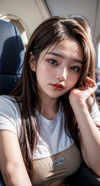 8K, UHD, real photo, (masterpiece:1.2), (best quality:1.2), 
(((Gorgeous, beautiful 21-year-old Korean girl)), (beautiful), (perfect eyes), (perfect face), 1girl,(long brown straight hair:1.3),(white skin:1.3)), (sexual abuse),
(random pose), (random view),
((She is biting lips in first class on an airplane wearing a underboob T-shirt.))
