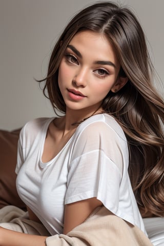a beautiful female model, a beautiful The image shows a young woman lying on a bed. She has long, brown hair and dark brown eyes. She is wearing a white T-shirt and the blanket is pulled up to her chest. The background is a white wall.