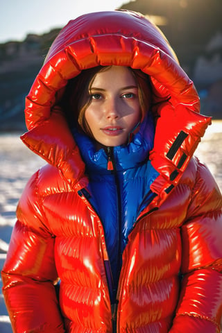 Stunning portrait of sweet, cute, slim, long haired, young woman on a crowded beach. she is dressed in (shiny), completely enclosureable, ((puffer downjacket)), by parkasite, very high yoked. all other people are summer dressed. tempting, emotional, dramatic, high detail, realistic, realistic character design, inspiring, intense emotion,  [[masterpiece, 8k, RAW photo, portrait, best quality, ultra high res, photorealistic, cinematic lightning, digital painting, storytelling, high resolution, depth of field, lens flare]].,parkasite,downjacket