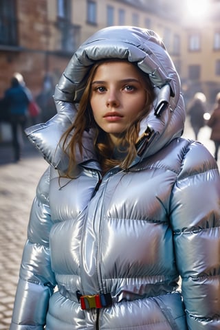 Stunning portrait of sweet, cute, slim, long haired, young european woman on a crowded street in a city. she is dressed in shiny, glossy, completely enclosureable, ((puffer down outfit)), by parkasite, very high yoked. all other people are summer dressed. tempting, emotional, dramatic, high detail, realistic, realistic character design, inspiring, intense emotion, masterpiece, 8k, RAW photo, portrait, best quality, ultra high res, photorealistic, cinematic lightning, digital painting, storytelling, high resolution, depth of field, lens flare.,better photography,