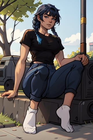 A 30year old girl that has a curvy body, black eyes:1.2, full lips, blue hair, tail braid hair, straight_hair, bangs, full-body_portrait, black top shirt, blue jeans pants, high detailed. Perfect generator hands, white ankle socks, in a park, perfect generator legs, perfect feet,Flat vector art,Vector illustration,more detail XL,highres,masterpiece,socks,photorealistic