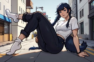 A 30year old girl that has a curvy body, black eyes:1.2, full lips, blue hair, tail braid hair, straight_hair, bangs, full-body_portrait, black top shirt, blue jeans pants, high detailed. Perfect generator hands, white ankle socks, in a street, perfect generator legs, perfect feet,Flat vector art,Vector illustration,more detail XL,highres,masterpiece,socks,photorealistic