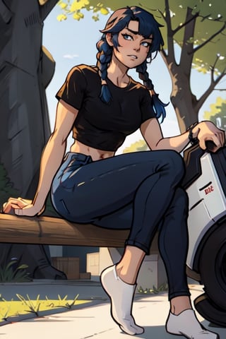 A 30year old girl that has a curvy body, black eyes:1.2, full lips, blue hair, tail braid hair, straight_hair, bangs, full-body_portrait, black top shirt, blue jeans pants, high detailed. Perfect generator hands, white ankle socks, in a park, perfect generator legs, perfect feet,Flat vector art,Vector illustration,more detail XL,highres,masterpiece,socks,photorealistic