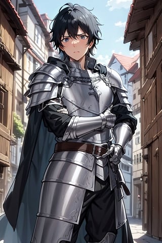 man, black hair, (worried expression), dressed in ((silver armor)), (a light blue cloak), in the middle of a (medieval town),