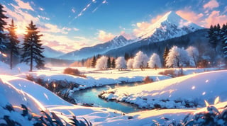 ((a large mountain of snow)) at the end of a landscape (full of flowers and green grass), a small river, the sky a sunrise, fluffy clouds, pine trees,