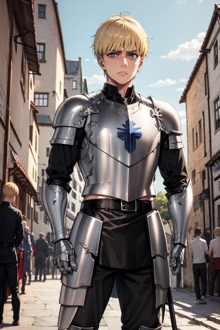 man, blonde, blue eyes, short hair (serious expression), dressed in ((silver armor)), long black pants, red belt, in the middle of a (medieval town),Armin_Arlet