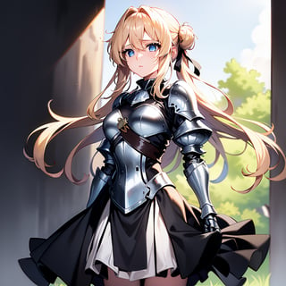 in a forest, young blonde girl with blue eyes, upper part a silver armor that covers her chest, with parts of armor on her arms, lower part a black skirt, the girl must have a worried expression and a leader's composure.
