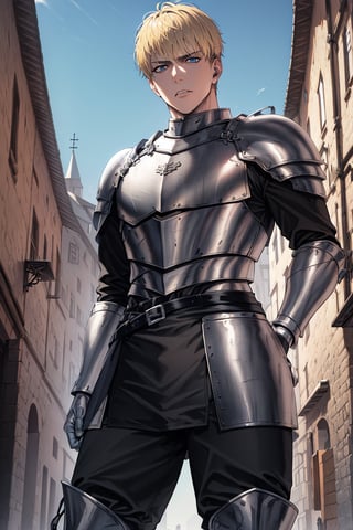 man, blonde, blue eyes, short hair (serious expression), dressed in ((silver armor)), long black pants, red belt, in the middle of a (medieval town),