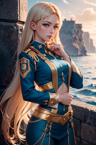 Create an image of a female character in a futuristic military uniform, with long, silky golden hair in gentle waves down to her waist. Her large, luminous amber eyes should be framed by delicate lashes, with porcelain-like skin and a hint of blush on her cheeks. The uniform should be deep ocean blue with bright golden touches and distinctive badges on the shoulders to highlight her position. Her left hand should be delicately supporting a realistic globe, showcasing her protective yet firm demeanor. The backdrop should be a blend of soft and technological elements, reflecting her dual nature of tenderness and determination. The art style should be in the aesthetic of high-detail anime, with a vertical aspect ratio.