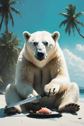 A really sad polar bear with his head lowered and carrying a knife is cutting fish for sushi, he is sitting in an outdoor restaurant on a tropical island with coconut trees, blue sky and sea in the background, full body shot, side view, 
Wide angle , creating a sad atmosphere in the air,photo,photographed by Miles Aldridge,