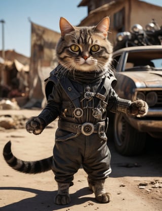 A cat dressed as  a character from the movie Mad Max,big eyes,high resolution photo,Big  cat pupils,Whole body, standing like a human,arms stretched out

