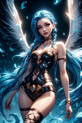 masterpiece,best quality,ultra-detailed,High detailed,Jinx,blue hair,long hair, long twin braids,Double ponytail braid,upper body shot,dynamic pose,Laugh wildly,solo,looking at viewer,hugging a cat in arm,
picture-perfect face,blush,(nymph),(perfect female body,slim thicc),tall,long legs,slim calfs,long legs,(thigh gap),(blue hair),goddess,charming, alluring,seductive,enchanting,makeup, fantasy,nature,pure,serene,supernatural beauty,
more detail XL,ani_booster,JinxLol,jinx (league of legends)