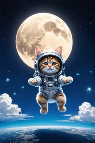 A tiny, fluffy kitten clad in a miniature astronaut suit floats mid-air, defying gravity as it soars towards the vast, glowing moon. The kitten's oversized helmet and gloves make it look like a pint-sized space explorer. Stars twinkle like diamonds against the dark blue sky, while puffy white clouds drift lazily by. In the distance, the big, bright moon casts an ethereal glow on the kitten's suit. Its tiny paws and ears are outstretched as if embracing the cosmos.