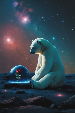 A polar bear Sitting on the ground with his head lowered and hugging his knees, He gazes at a rose that is protected by a glass dome.on a planet in the galaxy. with a deep blue starlit background,The vastness of space is filled with stars, explosion fragments, , photo,Side view, super wide angle