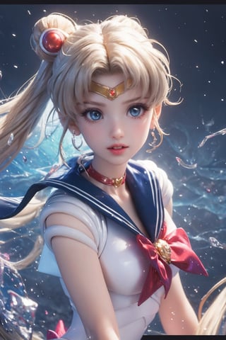 Masterpiece,Usagi Tsukino from Sailor Moon, (long, golden hair,hair styled into two cute buns on the top of head, with twin tales swaying),dynamic pose, (UHD, 8K wallpaper, High resolution), Cinematic lighting, award-winning, upper body shot, extremely  detailed skin, extra detailed face, high detail eyes,blue crystal big eyes,Sailor Moon clothing,, photo-realistic, Zeiss 85 mm F/1.4, sailor moon